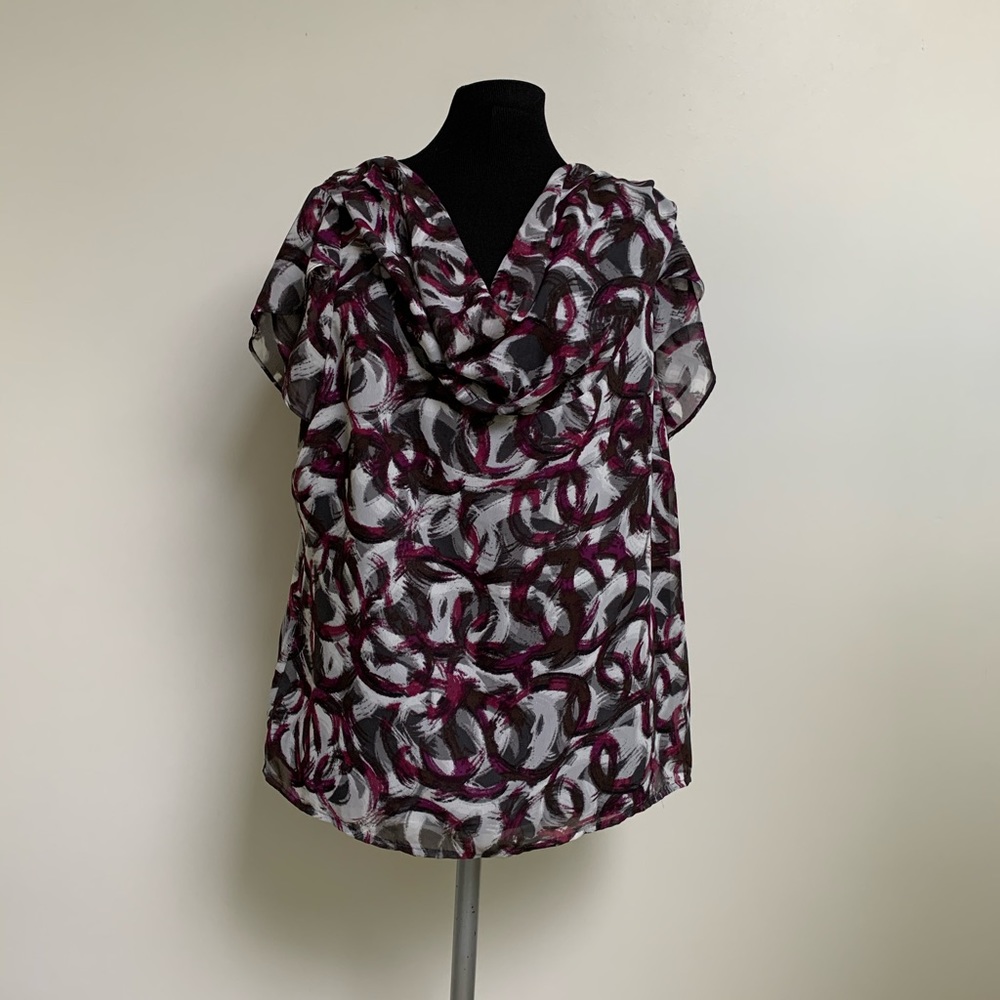 212 Collection Short Sleeve Top Shirt-Gray Purple Geometric-Lined-Drape Collar-L